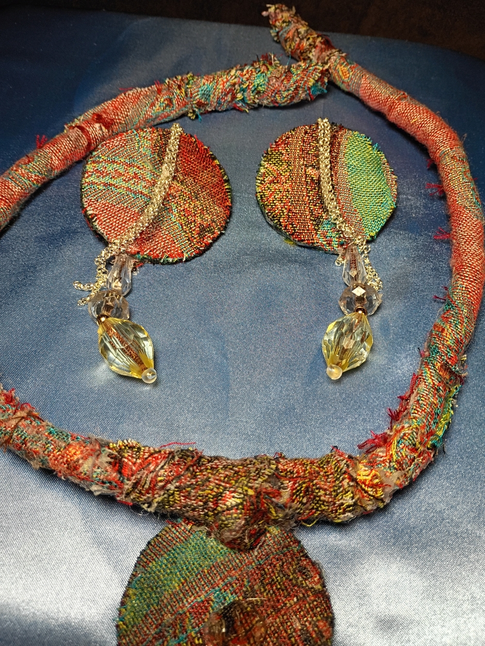 JcMulticolor Fabric Disc Earrings with Yellow Crystal Drop